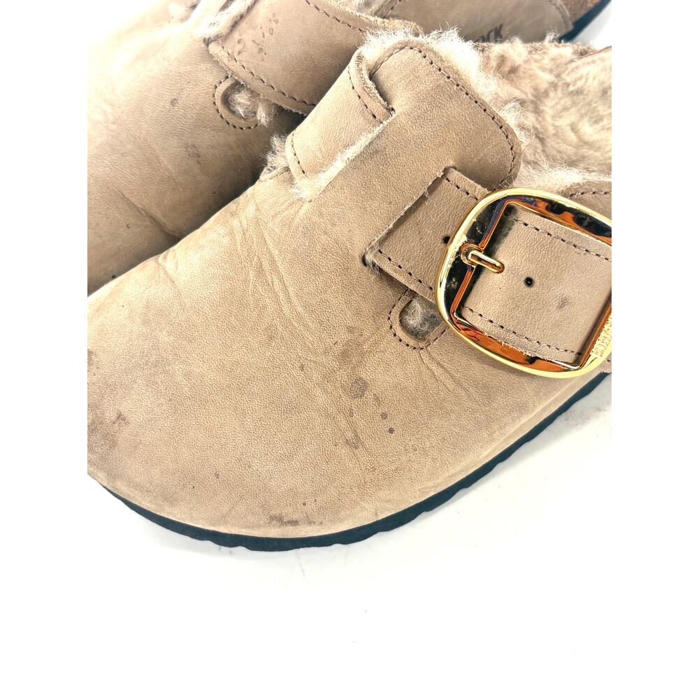 Birkenstock Big Buckle Boston Sherpa Clogs 37 7 Tobacco Brown Taupe Tan Leather - Picture 4 of 6